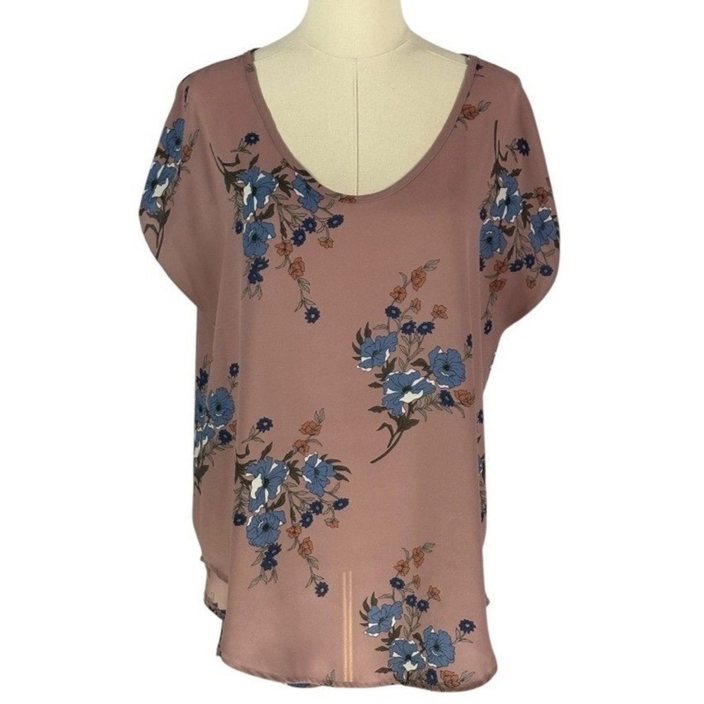 Sienna Sky Floral Blouse Mauve Blue Strappy Back‎ Cutout Top L